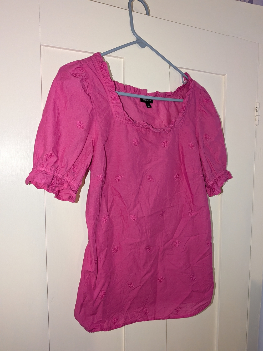 Talbots Hot Pink Puff-Sleeve Square Neck Top